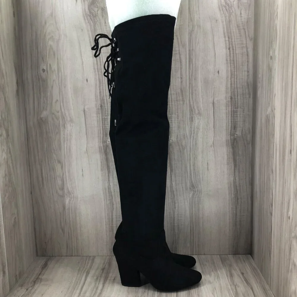 Qupid OTK Boots Womens 7.5 Black Faux Suede Over The Knee Pull On Heeled